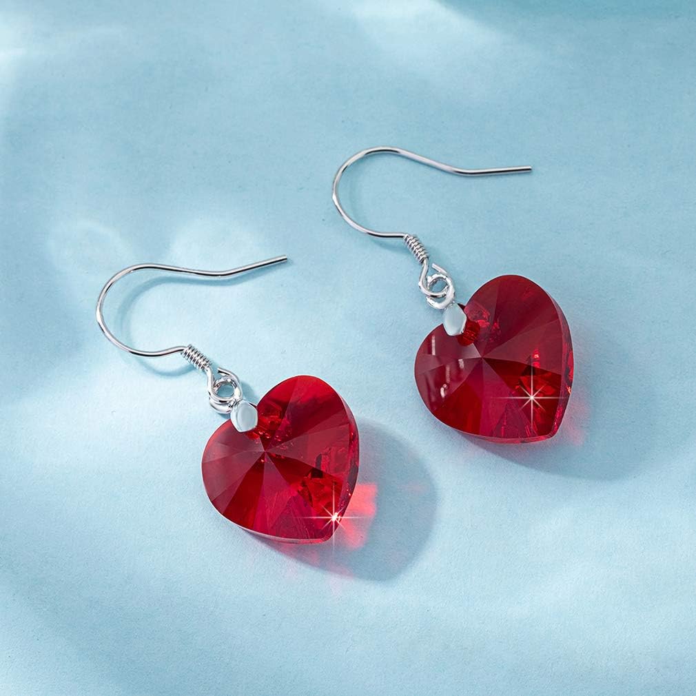 Austrian Crystal Heart Drop Dangle Earrings for Women 925 Sterling Silver Hook Hypoallergenic Earring (Red)