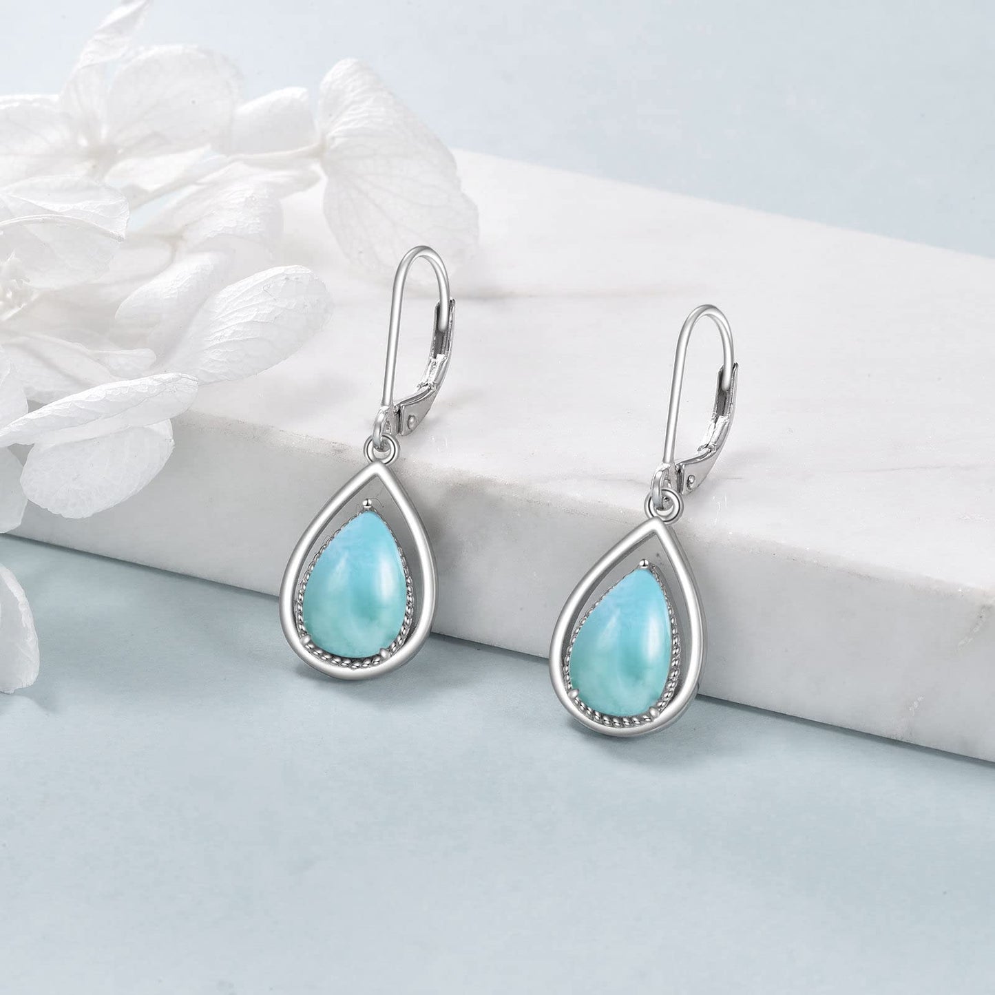 VONALA Larimar Earrings 925 Sterling Silver Blue Larimar Teardrop Dangle Dangling Leverback Earrings Birthday Christmas Jewelry for Women