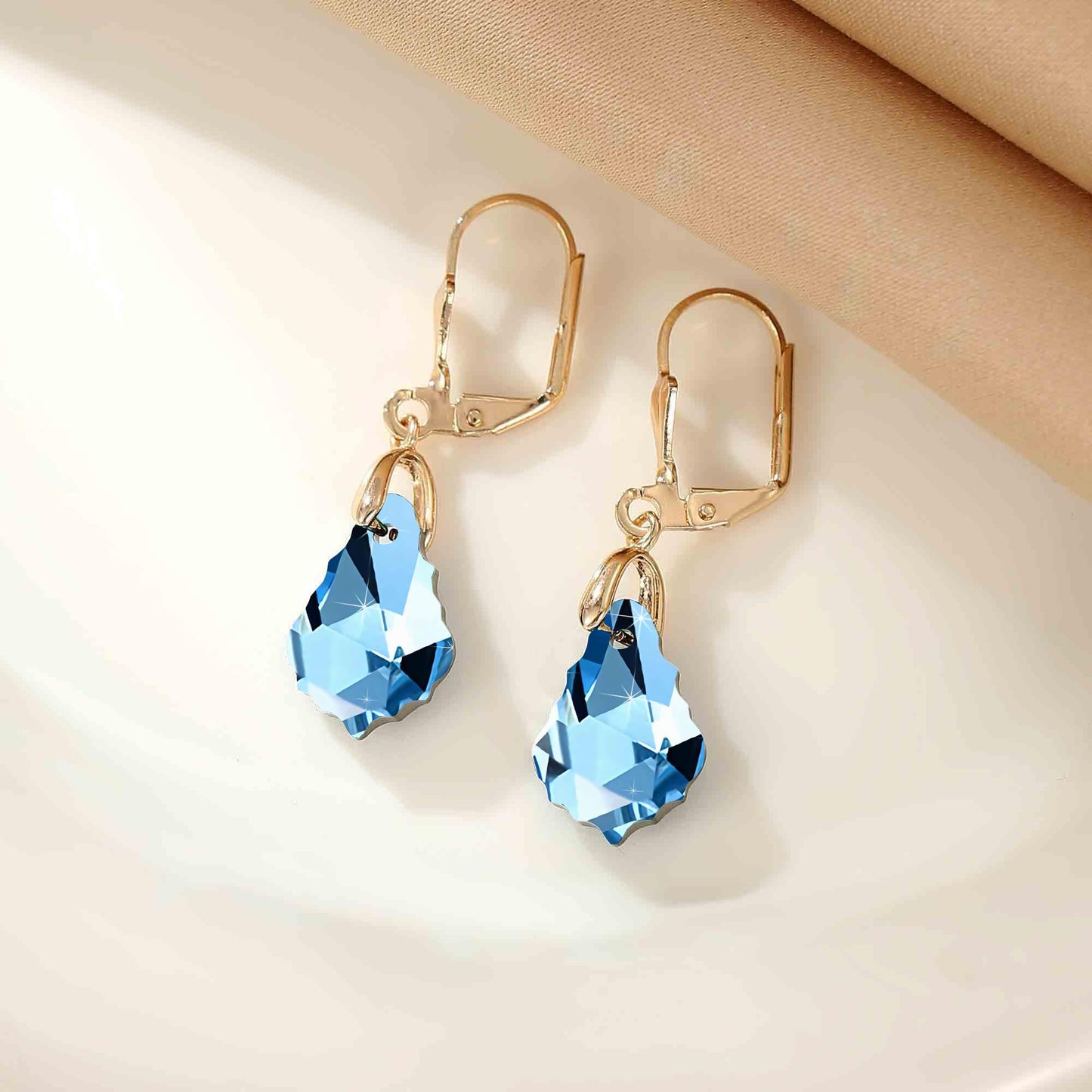 Austrian Crystal Baroque Drop Leverback Earrings for Women Fashion 14K Gold Plated Hypoallergenic Jewelry (Aquamarine)