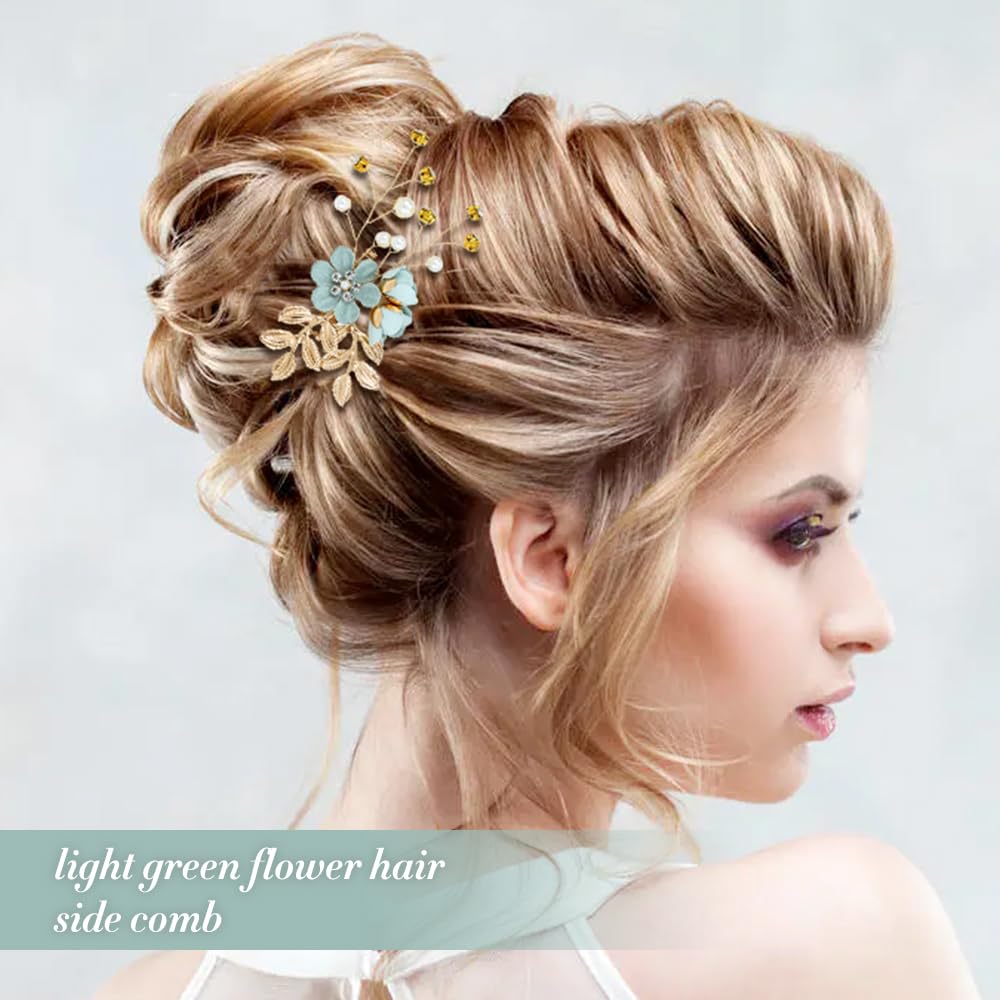 inSowni 20 Pieces Rhinestone Pearl Bridal Wedding Party Prom Light Green Flower Hair Side Combs Slides +U-shaped Floral Hair Pins+Twist Spiral Pearl Hairpins for Brides Bridesmaids Girls Women