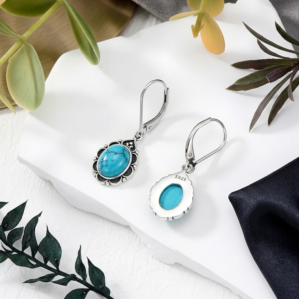 Turquoise Drop Earrings for Women 925 Sterling Silver Vintage Oval 9x7mm Filigree Leverback Dangle Earrings, Gothic Victorian Antique Jewelry Gifts