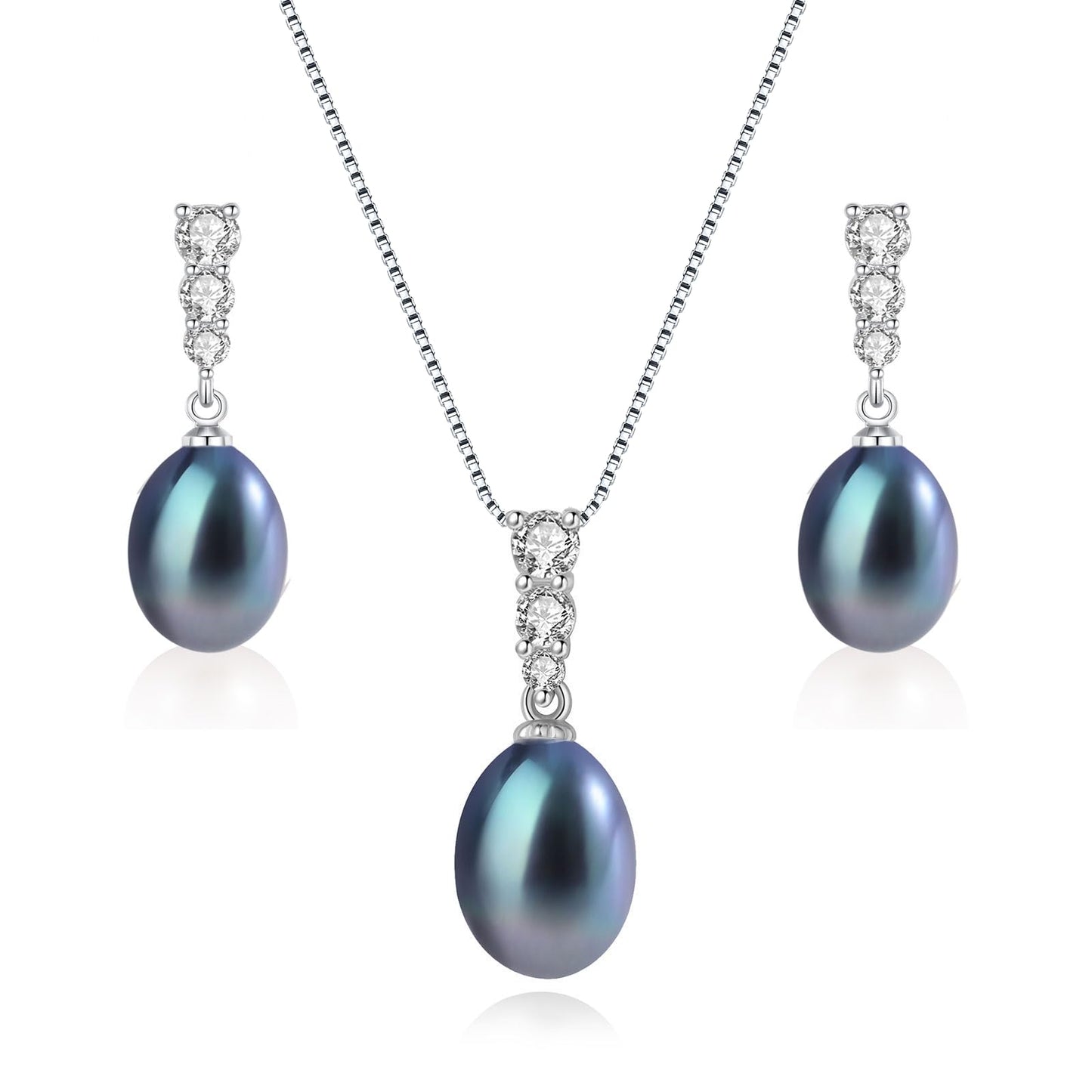 BAMIKI Black Pearl Necklace and Earrings Set, Saltwater Cultured Baroque Pearl 9-10mm, 925 Sterling Silver Set with CZ, Jewelry Gifts for Women, Drop Style