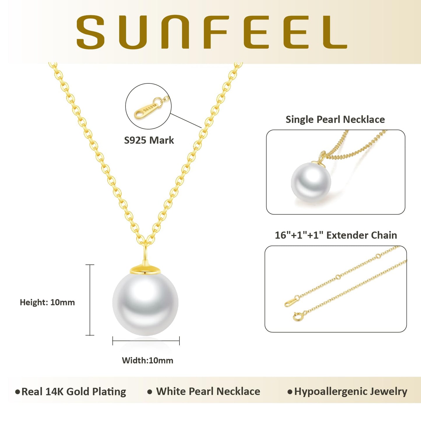 SUNFEEL 925 Sterling Silver Pearl Necklaces for women 14K Gold Plated 10MM Single Pearl Pendant Necklace Gifts for Her Mom Wife Girlfriend Engagement Wedding Birdal Christmas Trendy Jewelry