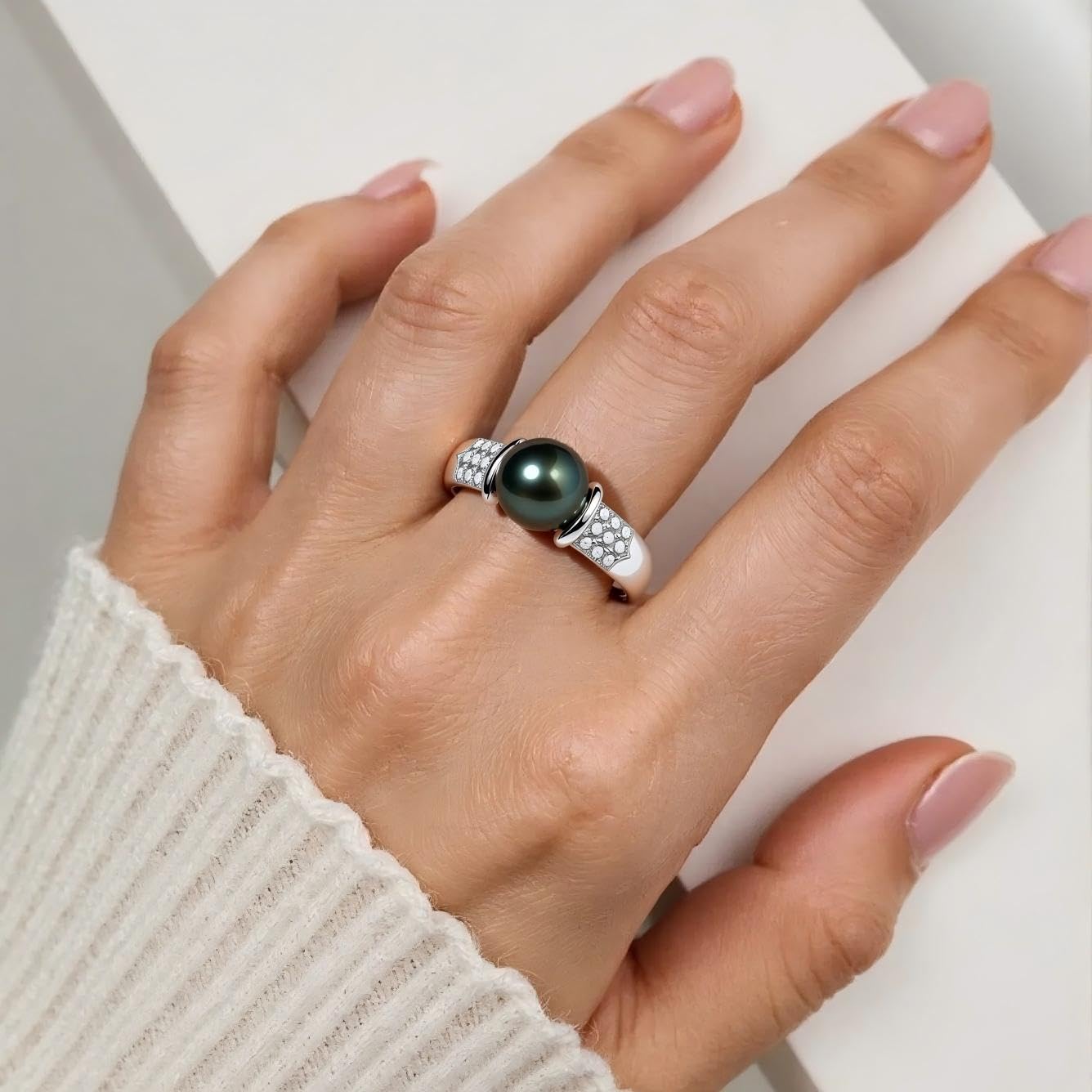 Genuine Tahitian Black Pearl Ring - AAAA 9-10mm Pearls with Sterling Silver Moissanite Engagement Stackable Rings, Christmas Gift for Wife Mom, Jewelry Gifts for Wedding Anniversary Birthday, Size 5