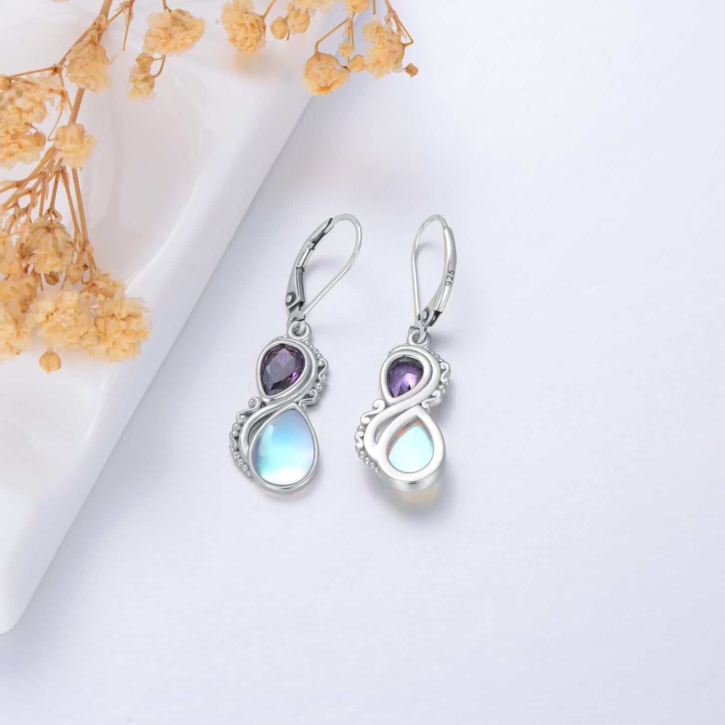 Moonstone Earrings 925 Sterling Silver Amethyst Purple Leverback Dangle Drop Earrings for Women