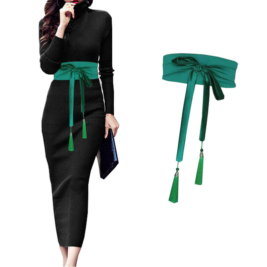 laelinggt Women's belt tassel strap double loop imitation silk tie belt lace up waist cover for dress