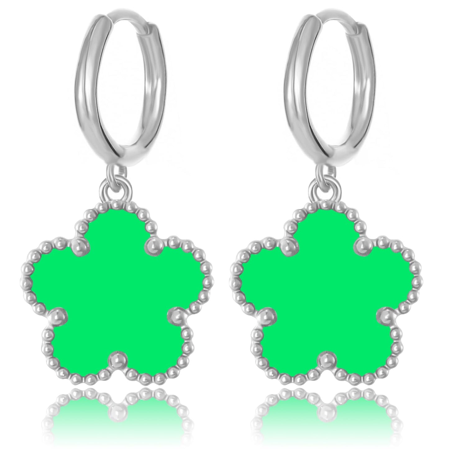 Gold Plated Five Leaf Clover Dangle Earrings for Women Lucky Flower Jewelry (Lime Green-White Gold Plated)