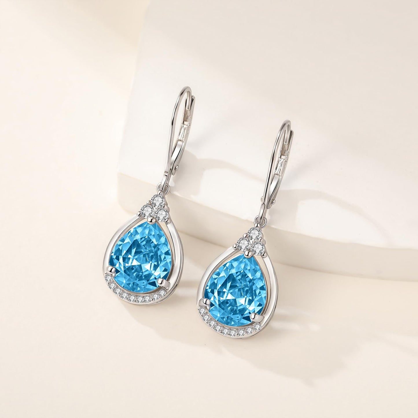 Blue Earrings Sterling Silver Birthstone Earrings AAAAA Cubic Zirconia Teardrop Dangles Jewelry Christmas Gifts for Women