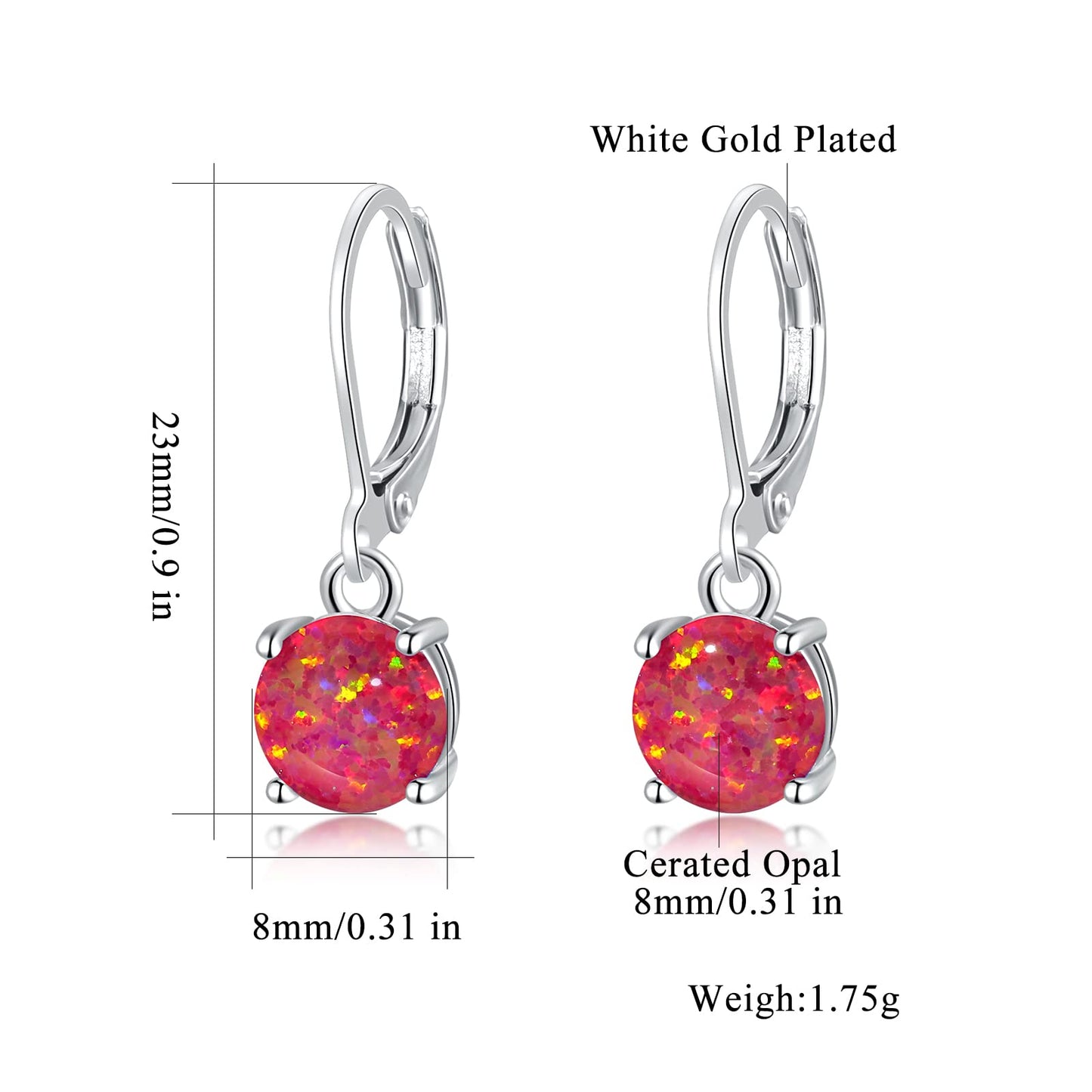 CiNily Round-Cut Opal Dangle Earrings for Women Hypoallergenic Rose Red Fire Opal Rhodium Plated Leverback Gemstone Drop Earrings Jewelry