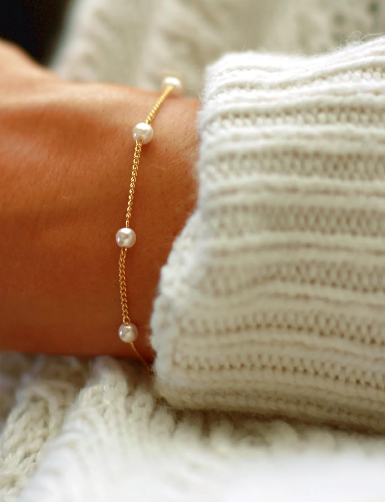 Sewyer Gold Dainty Pearl Bracelet Set for Women 14K Gold Filled Layering Chain Bracelets Stacked Bracelets Simple Set Jewelry Gift
