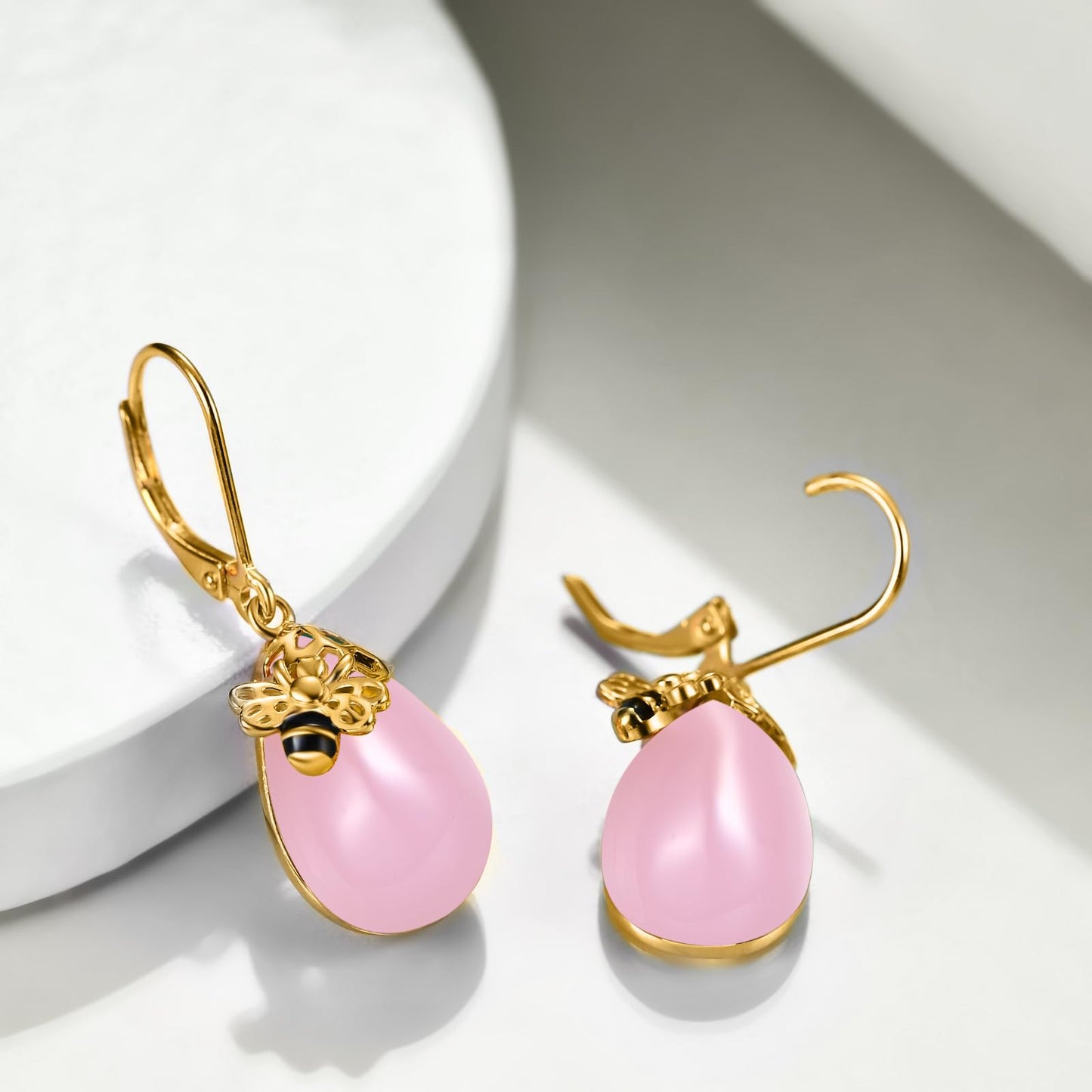 TIGERRIDER Pink Bee 925 Sterling Silver French Clasp Earrings Rose quartz Pendant Jewelry Gift for Women