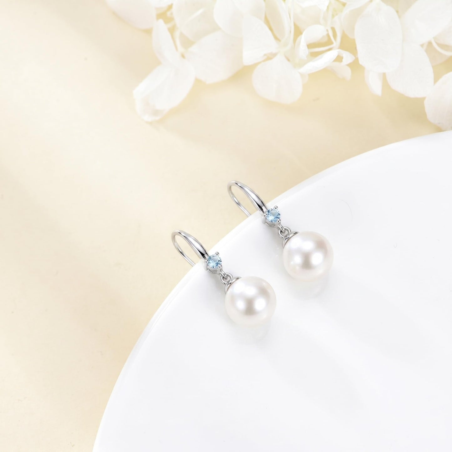 925 Sterling Silver Pearl Leverback Earrings Dangle Drop Birthstone Jewelry Gifts for Women (White Pearl-March)