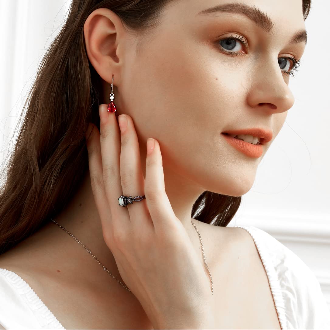 925 Sterling Silver Red CZ Teardrop Earrings Drop Dangly Earring Leverback Hypoallergenic Jewelry for Women wife