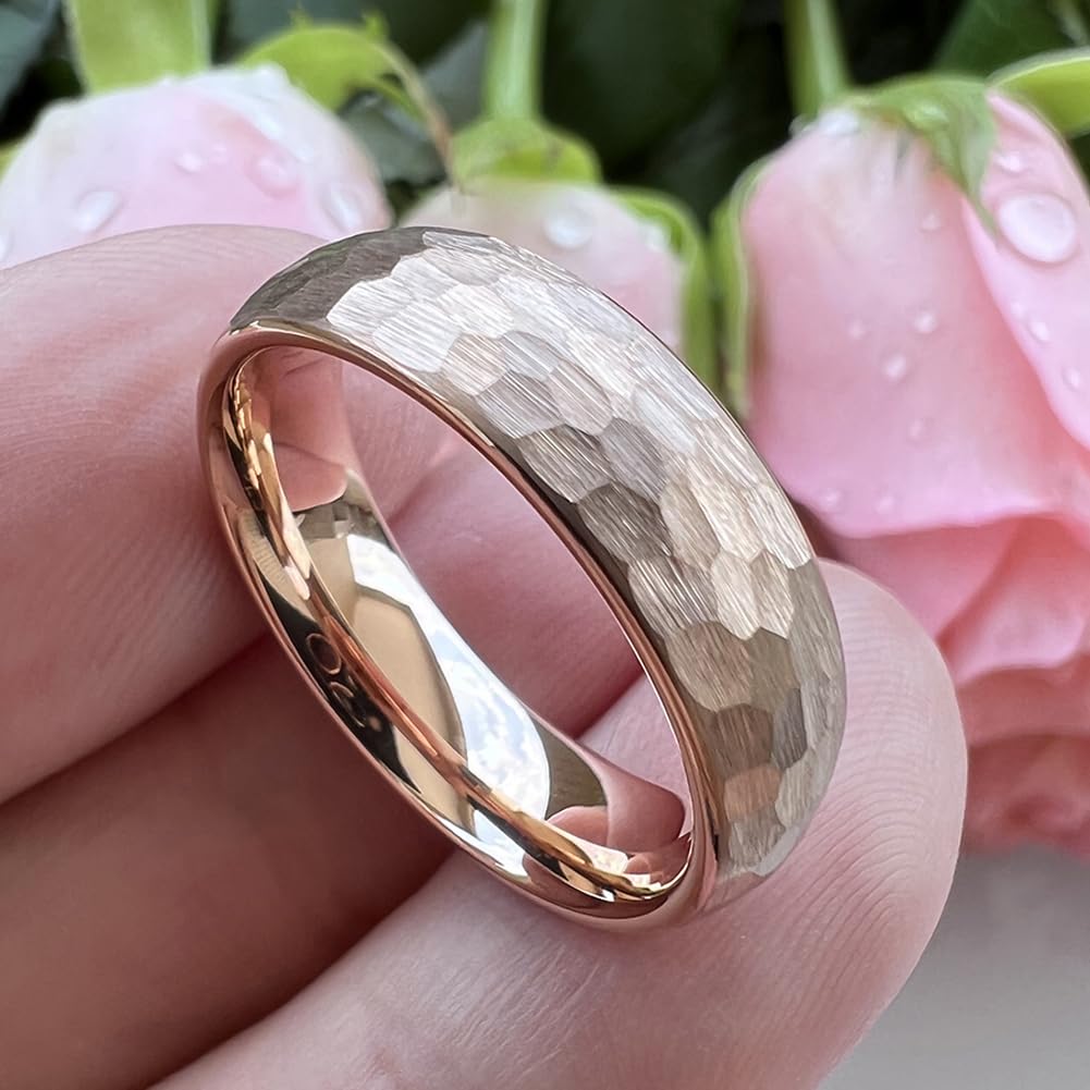 TUTISS 6mm Rose Gold Hammered Tungsten Rings for Men Women Engagement Wedding Bands Domed Matte Finish Comfort Fit Size 9.5