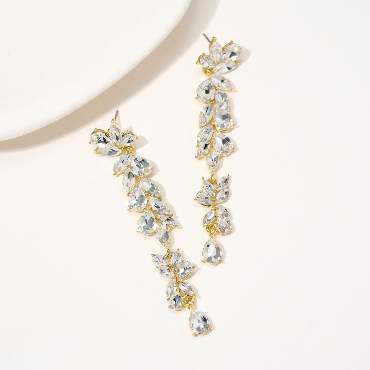 SWEETV Long Gold Rhinestone Dangle Earrings for Women, Wedding Bridal Earrings for Brides, Crystal Chandelier Drop Earrings for Prom or Pageant
