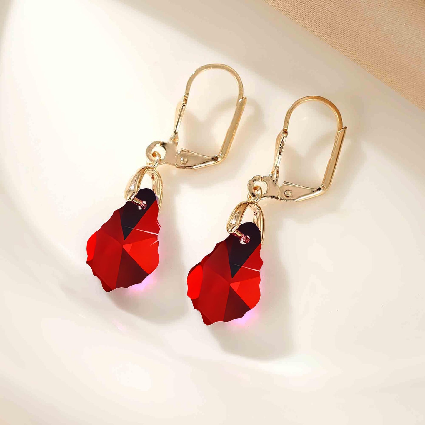 Austrian Crystal Baroque Drop Leverback Earrings for Women Fashion 14K Gold Plated Hypoallergenic Jewelry (Red)