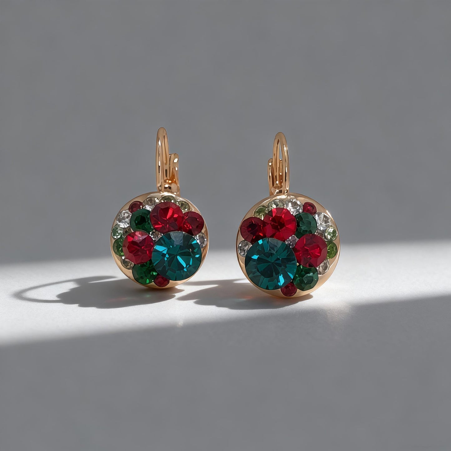 Multicolored Austrian Crystal Leverback Earrings for Women 14K Gold Plated Dangle Hoop Earrings Hypoallergenic Jewelry (Green Red Main Crystals/Christmas Glow)