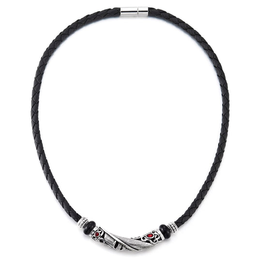 COOLSTEELANDBEYOND Black Braided Leather Necklace with Feather Pendant and Red Gem, Tribal Vintage, Mens Women