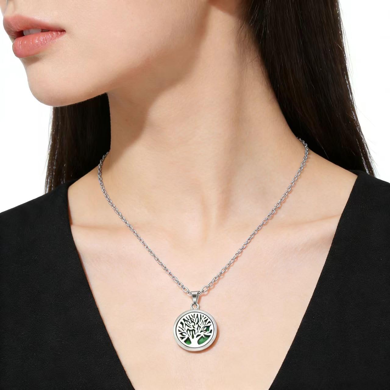 4-Piece Set of Fashionable Tree of Life Aromatherapy Necklace, Stainless Steel Diffuser Perfume Pendant, Everyday Wear Giftable Trendy Jewelry