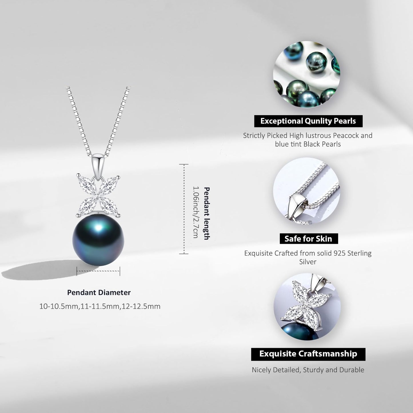 YAMI Tahitian Black Pearl Pendant Necklace, 12-13mm Cultured Round Pearls, 925 Sterling Silver with 18+2IN Adjustable Chain, Elegant Mother's Day Jewelry Gift for Women, 4 Leaf Style