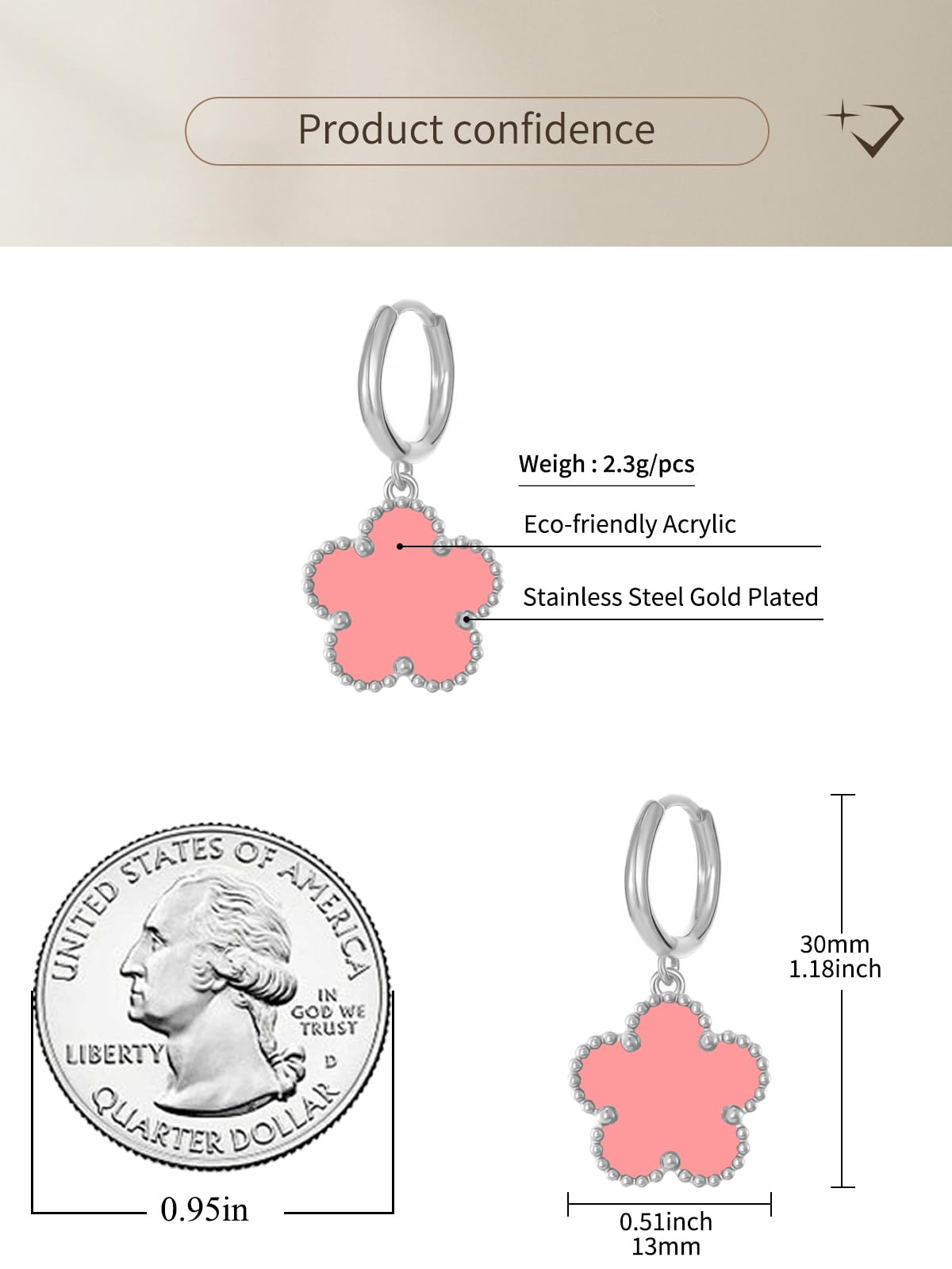 Gold Plated Five Leaf Clover Dangle Earrings for Women Lucky Flower Jewelry (Pink-White Gold Plated)