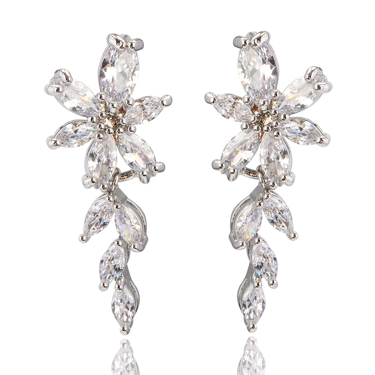 Women's Cubic Zirconia Bridal Earrings - Silver Marquise CZ Cluster Floral Leaf Crystal Rhinestone Dangle Drop Earring for Bride Bridesmaids Mother of Bride Party Prom