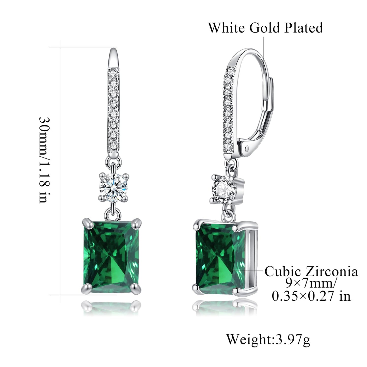 CiNily Leverback Earrings for Women Rectangular-cut Drop Dangle Earrings Hypoallergenic, 14K White Gold Plated Emerald Green Cubic Zircon Earrings Diamond Dangle Earrings Jewelry Birthday