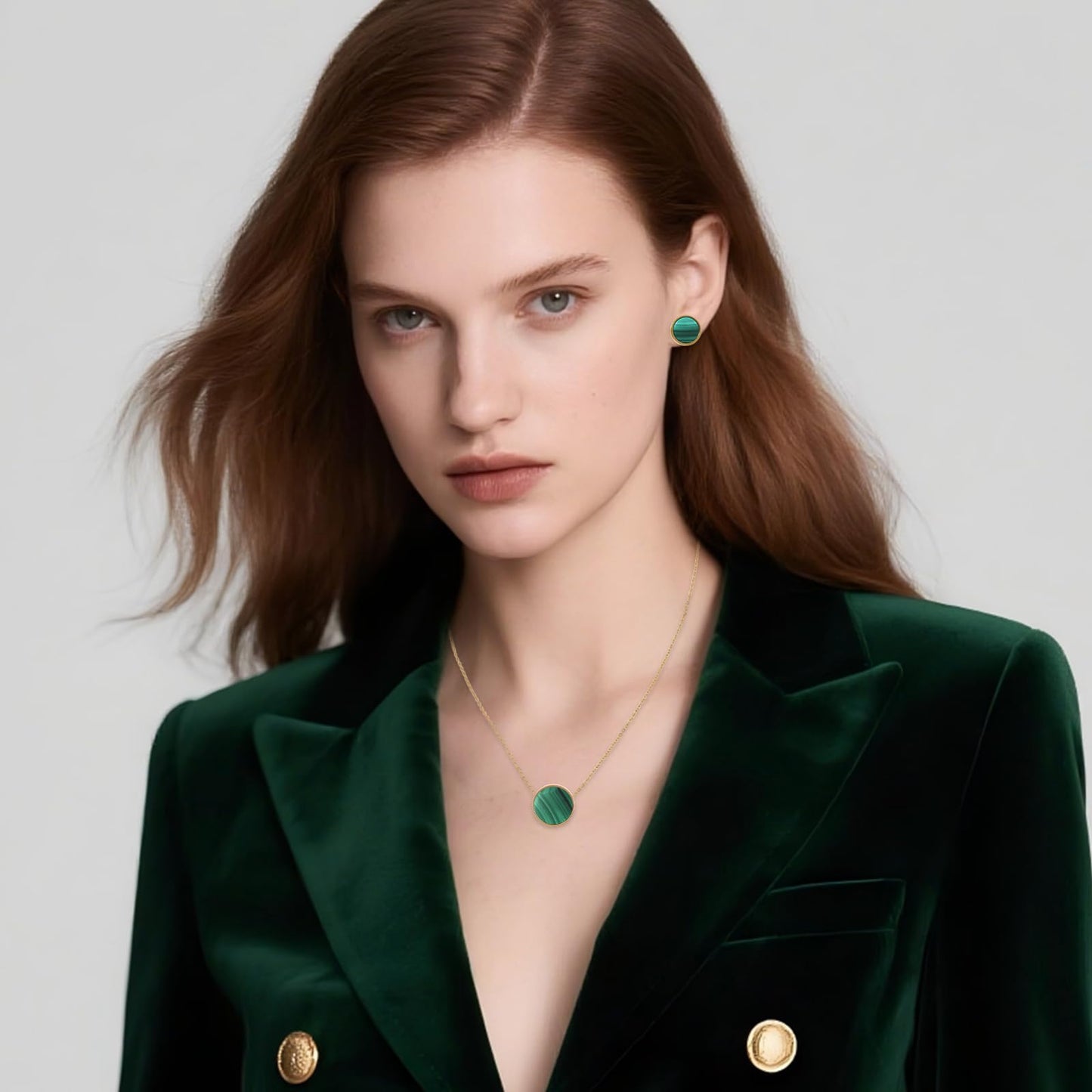 TaYolnFaSo Round Malachite Jewelry Set for Women 18K Gold Plated Malachite Necklace Studs Earrings Set Dainty Jewelry Gift