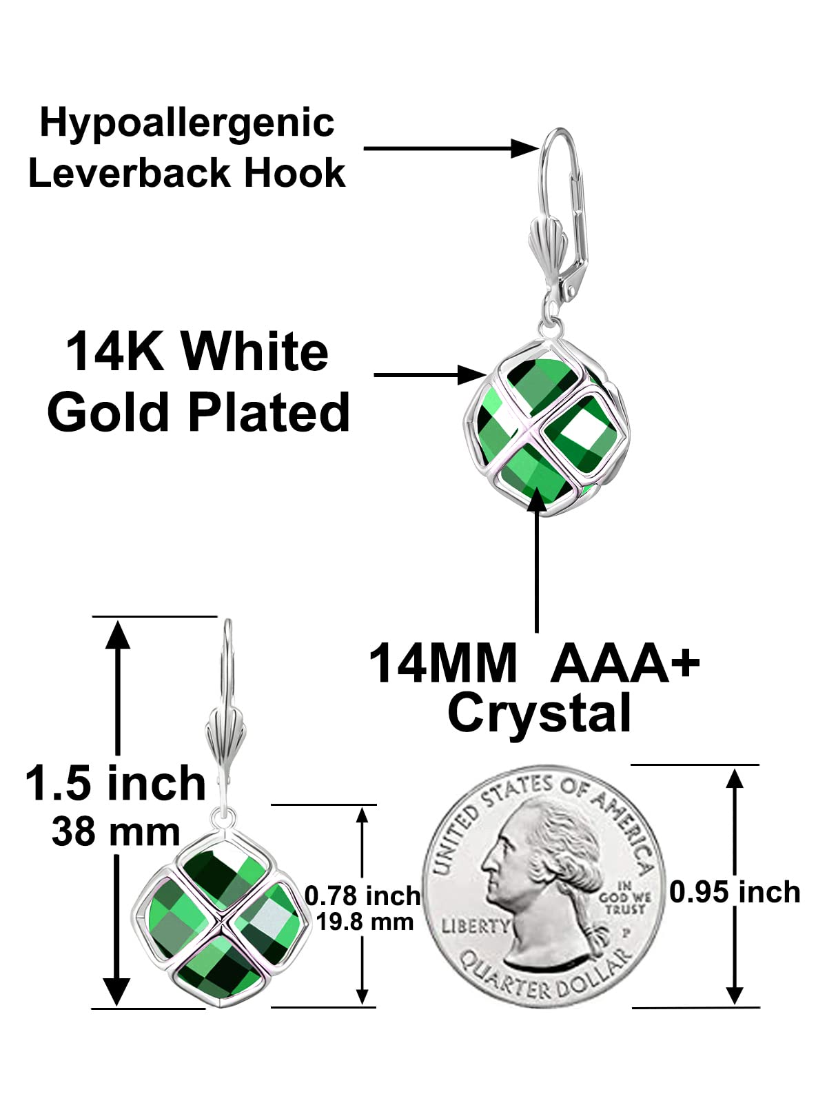 Big Dark Green Crystal Dangle Earrings for Women (May-Emerald-White Gold)