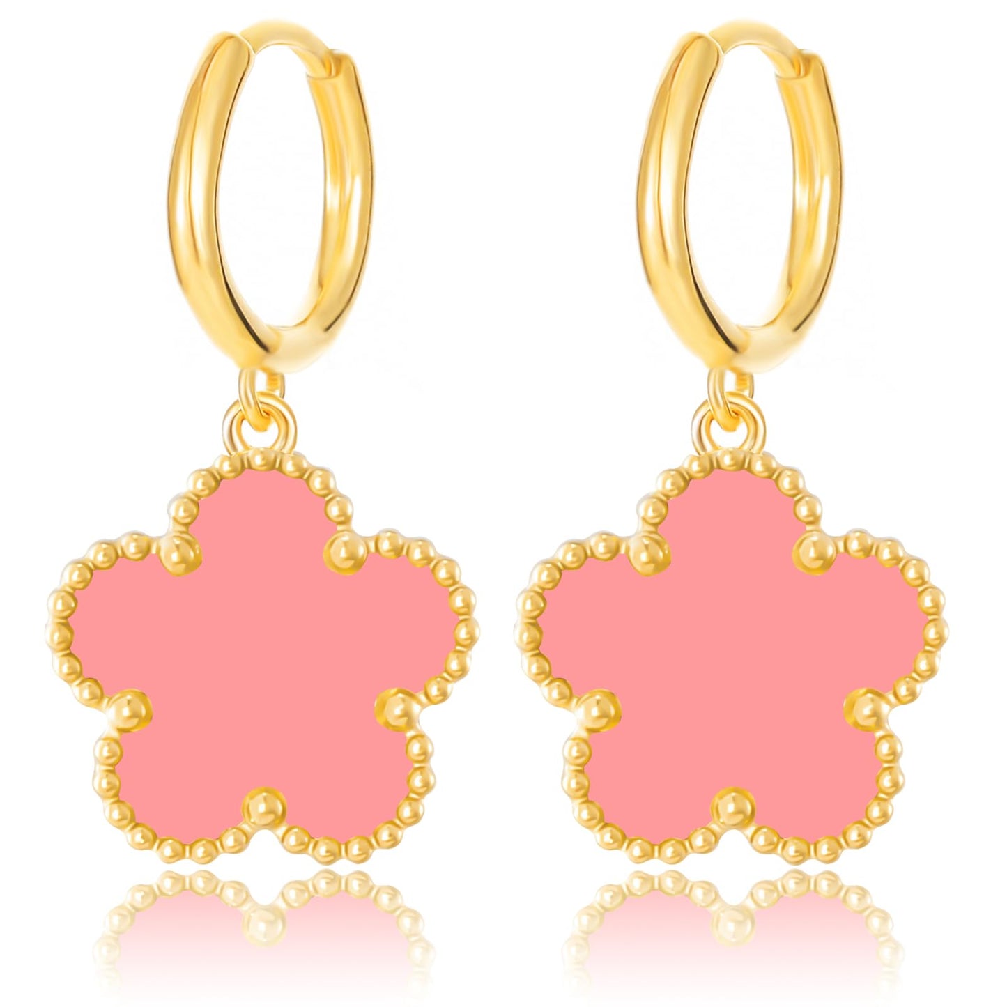 Gold Plated Five Leaf Clover Dangle Dot Earrings for Women Lucky Flower Jewelry (Pink-14K Gold Plated)