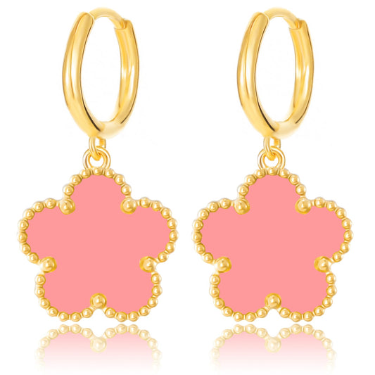 Gold Plated Five Leaf Clover Dangle Dot Earrings for Women Lucky Flower Jewelry (Pink-14K Gold Plated)