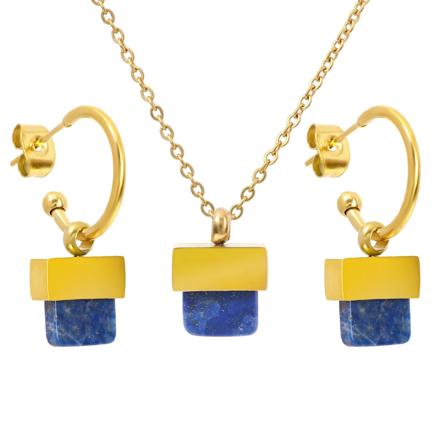 TaYolnFaSo Natural Lapis Lazuli Necklace and Earrings Set for Women 18K Gold Plated Lapis Lazuli Jewelry Set Square Gemstone Jewelry Gift