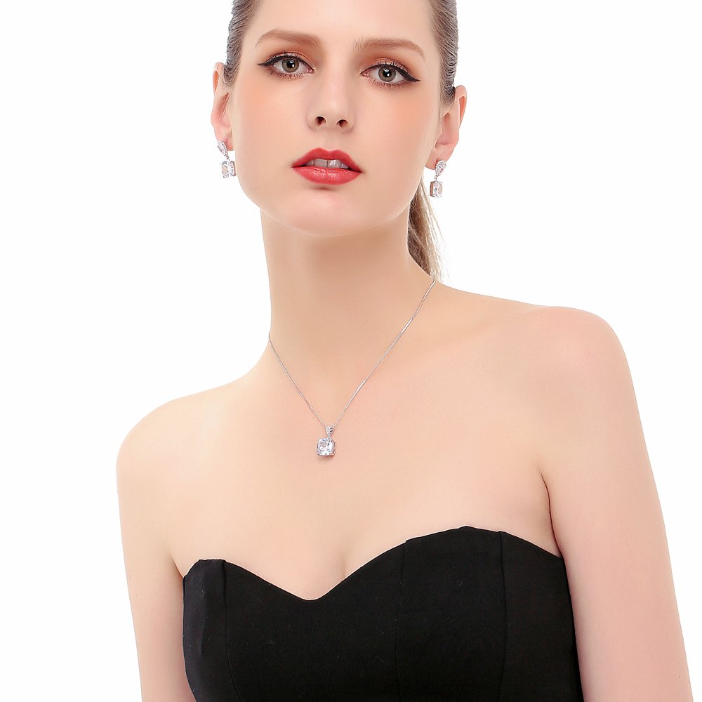 AMYJANE Jewelry Set - Women's Sterling Silver Square Teardrop Clear CZ Rhinestone Necklace and Earrings Set Bridal Jewelry Sets for Wedding Bride Bridesmaids Mother of Bride