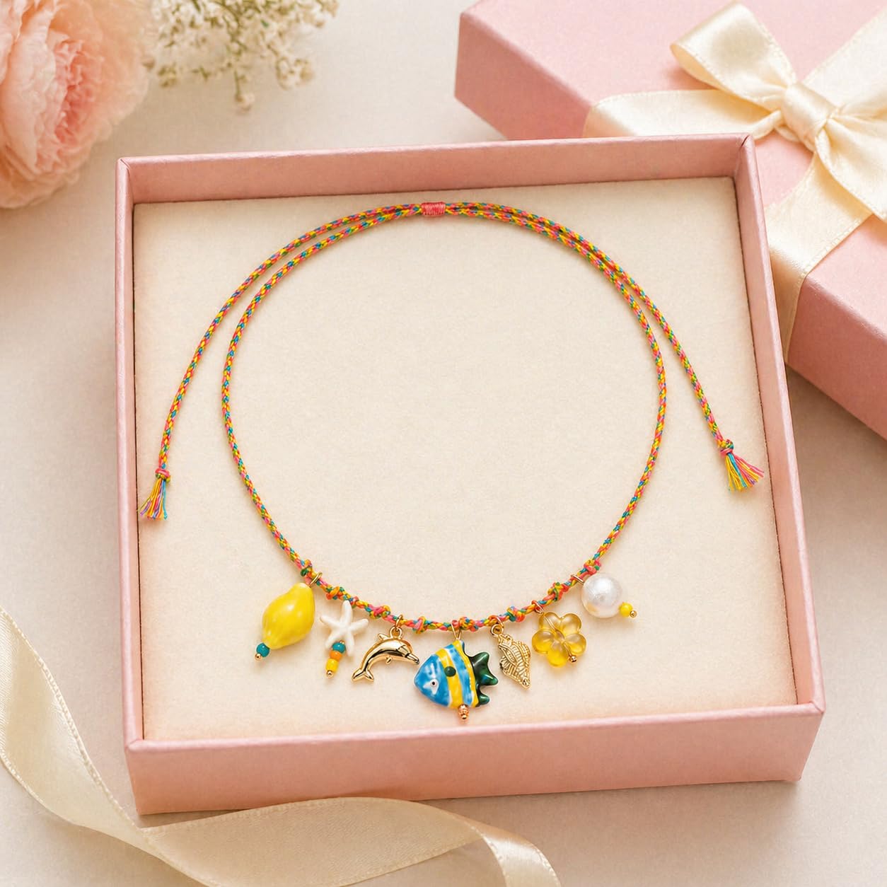 Tyebiva Colorful Beaded Necklace for Women, Summer Beach Seashell Fish Rope Necklace, Chunky Ocean Jewelry Gift for Her, Vacation Party Accessory, Handmade Fashion