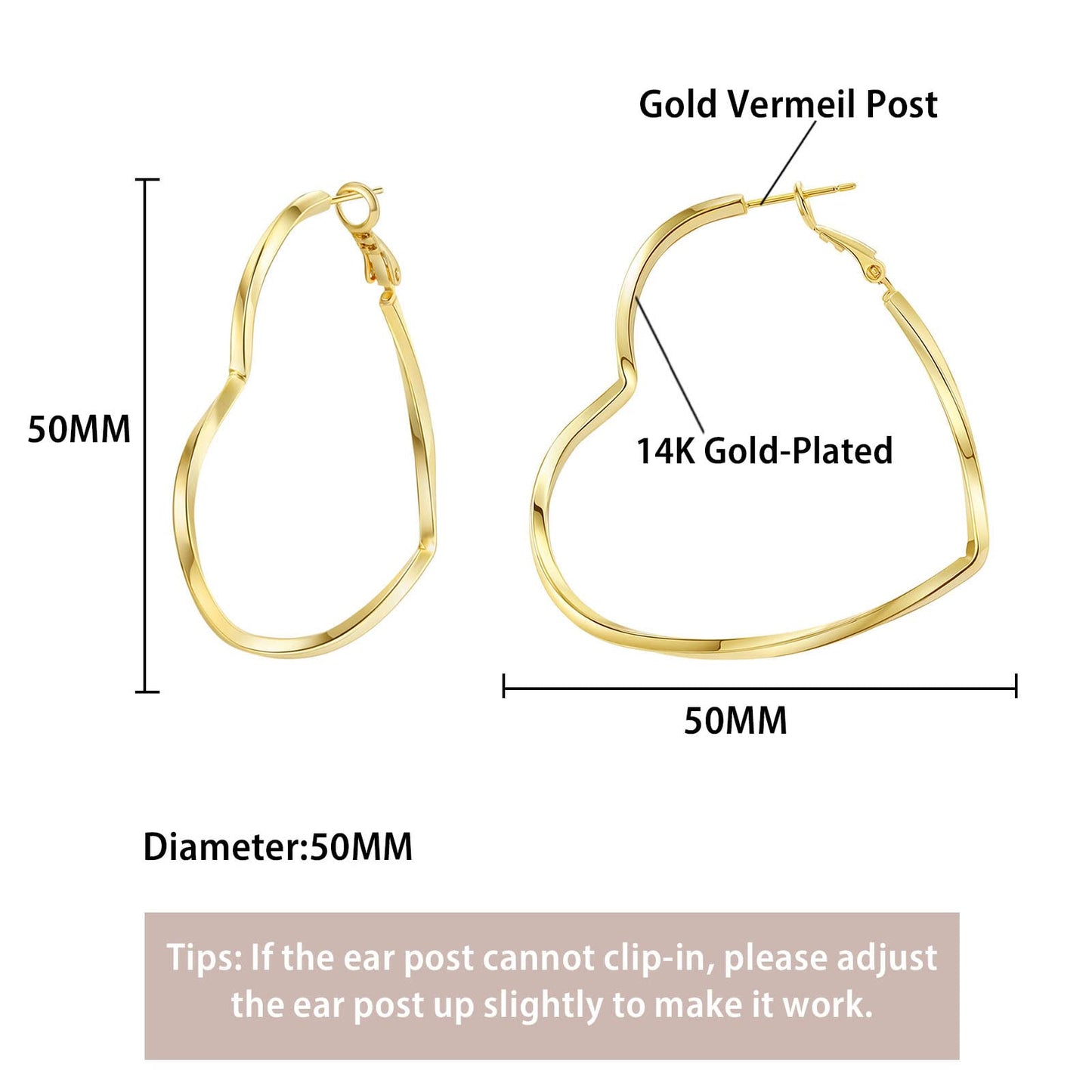 GLOQUAT 14K Gold Plated Heart Hoop Earrings for Women Fashion Large Dangle Earring Heart Shaped Hoop Earrings Thin Hoops Lightweight and Hypoallergenic Trendy Valentie's Gift for Girlfriend Lover 50mm