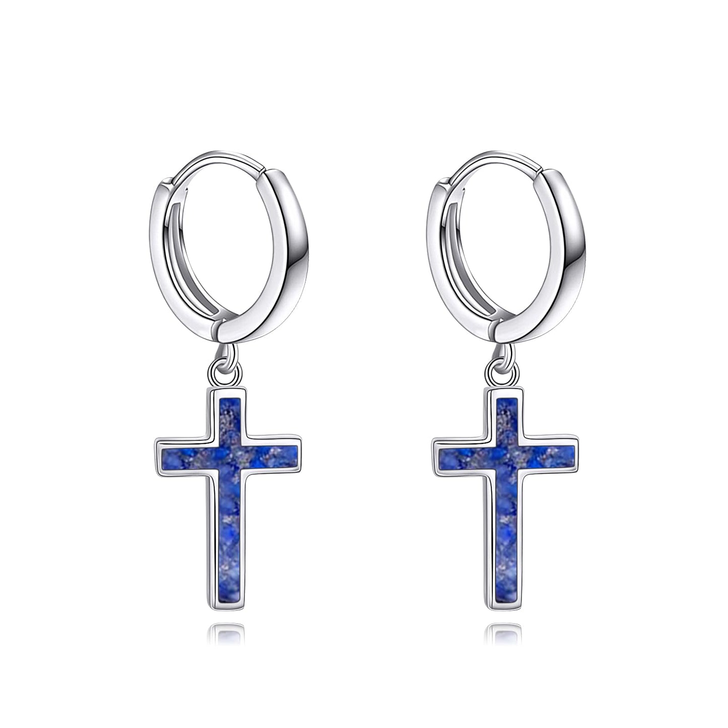 925 Sterling Silver Cross Hoop Earrings Dangle Drop Earrings Huggie Jewelry Birthday Gifts for Women (Lapis Lazuli Cross)