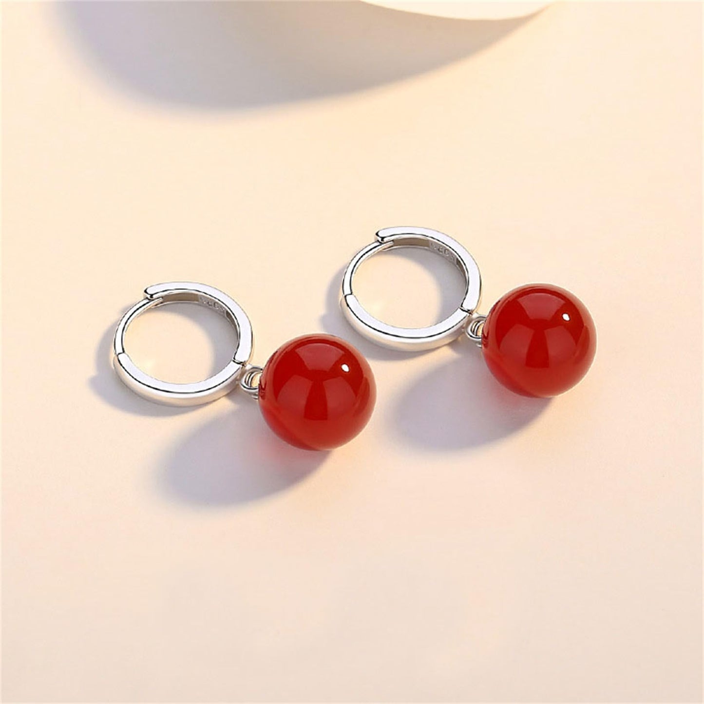QLYOVWE Handmade Jade Earrings Basic Gemstone Round 12MM Bead Ball Drop Dangle Earrings Rose Quartz Stone Natural Agate Bead Jade Drop Earrings for Women (Red)