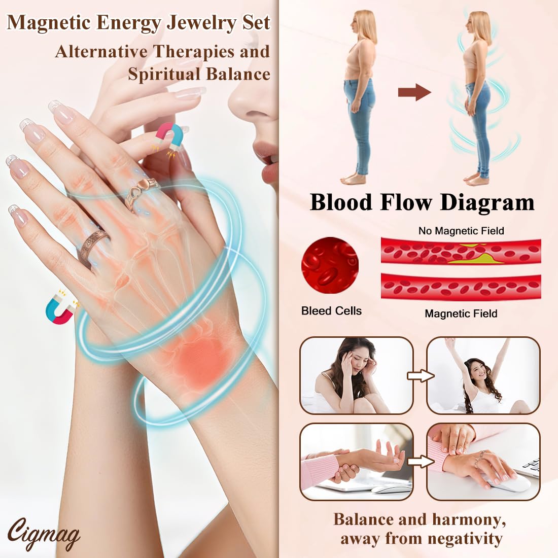 Cigmag 9X Magnetic Rings for Women, with Powerful Magnets, Adjustable Solid Pure Copper (Copper Plum & Love)
