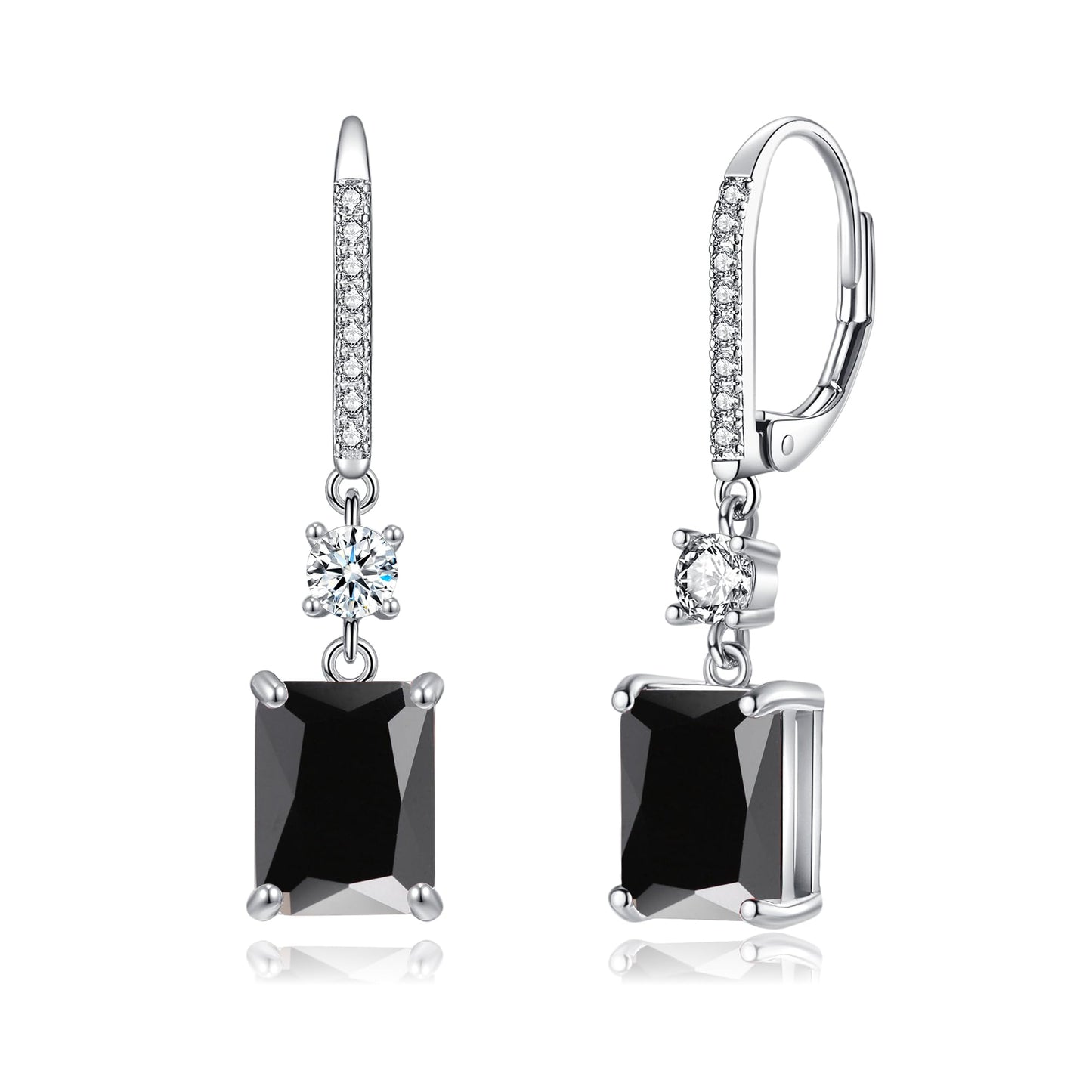 CiNily Leverback Earrings for Women Rectangular-cut Drop Dangle Earrings Hypoallergenic, 14K White Gold Plated Black Cubic Zircon Earrings Diamond Dangle Earrings Jewelry for Sensitive Ear