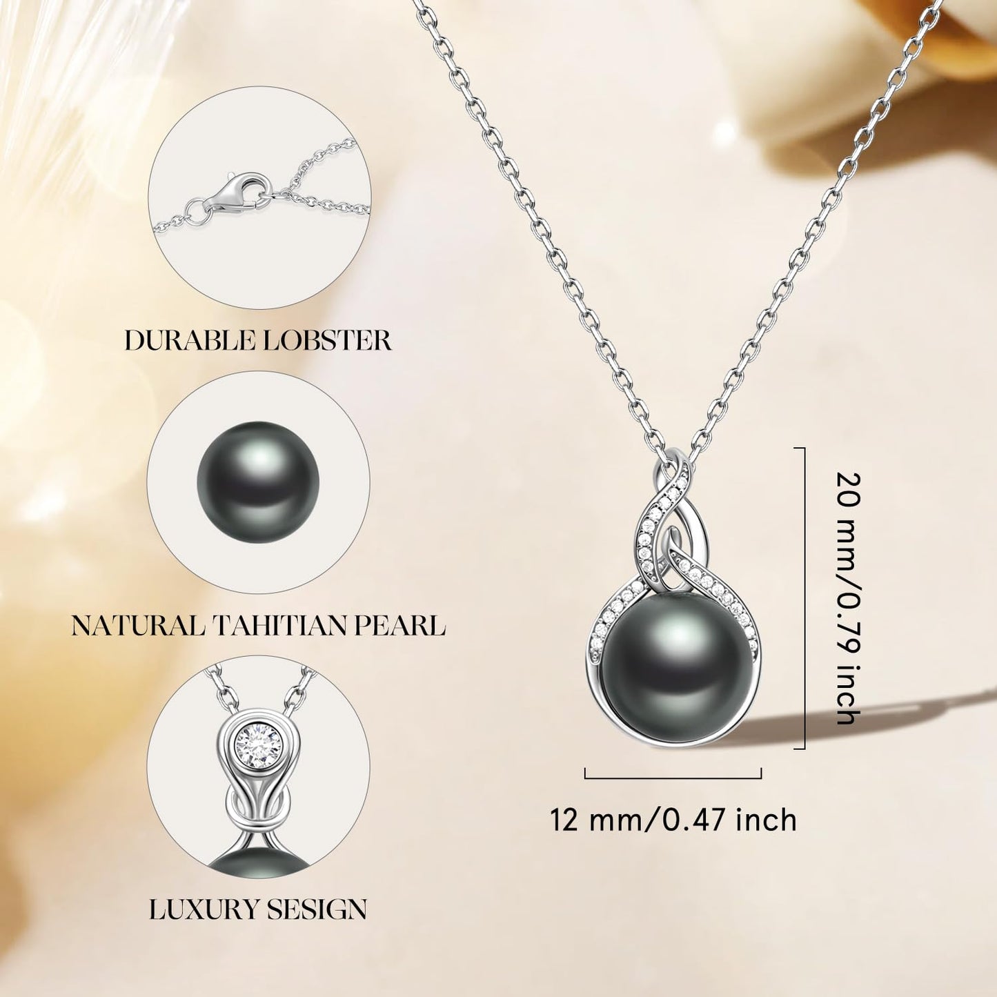 Gift for Women Wife Natural Tahitian Black Pearl Necklace Sterling Silver Nautilus Kiss 9-10MM Black Pearl Luxury Jewelry Gift for Women, Mother, Wife, 16"+2" Inches