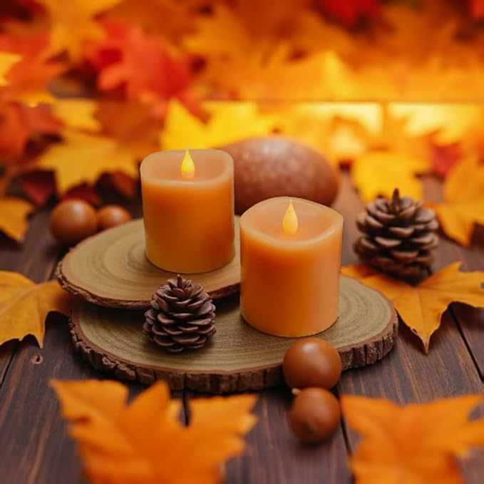Fall Flameless LED Candles 3 inch Diameter Real Wax 2AA Battery Operated 600hr+ Flickering Candles with Timer Remote Control for Halloween Thanksgiving Christmas Indoor (Orange, 3″×3″- 2 PCS)