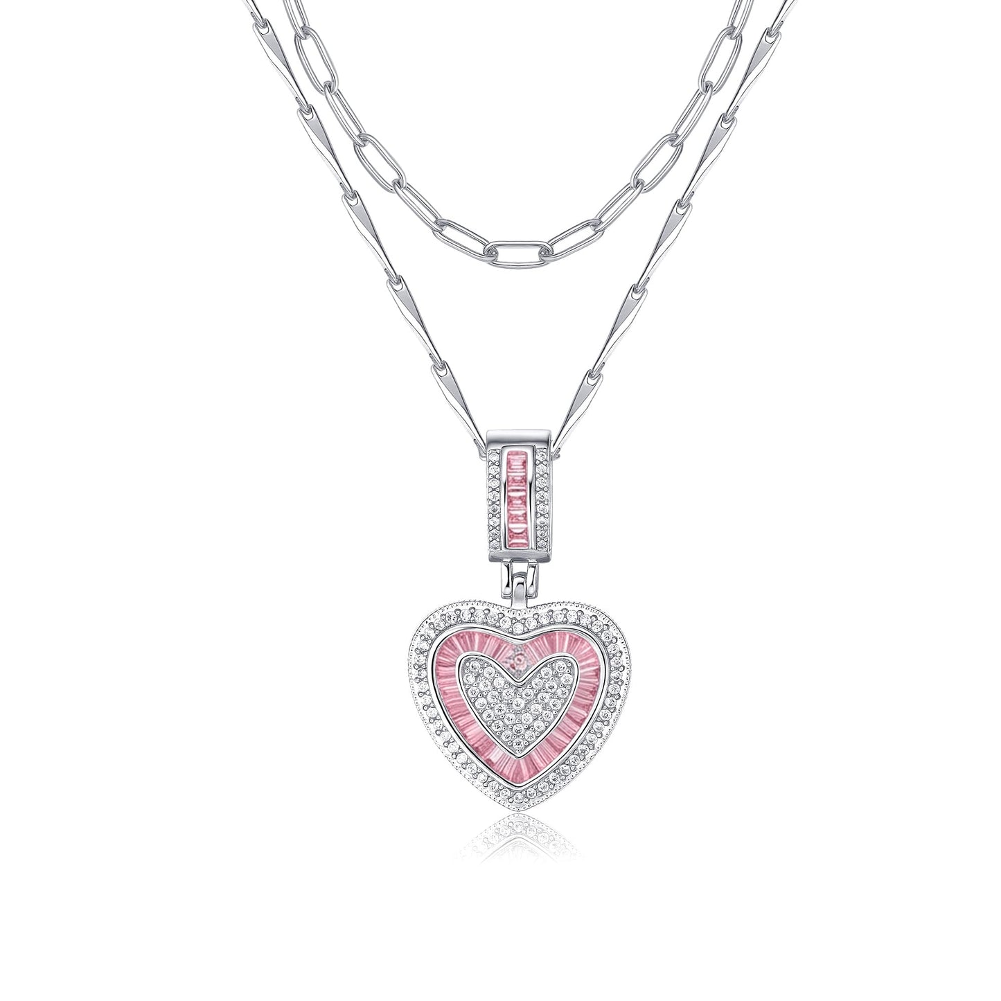 MEIITRUE Heart Necklaces for Women Trendy 14k White Gold Plated Dainty Layered Necklace Set Cubic Zirconia Love Pendant Choker Thin Paperclip Chain Stackable Jewelry Gift Pink
