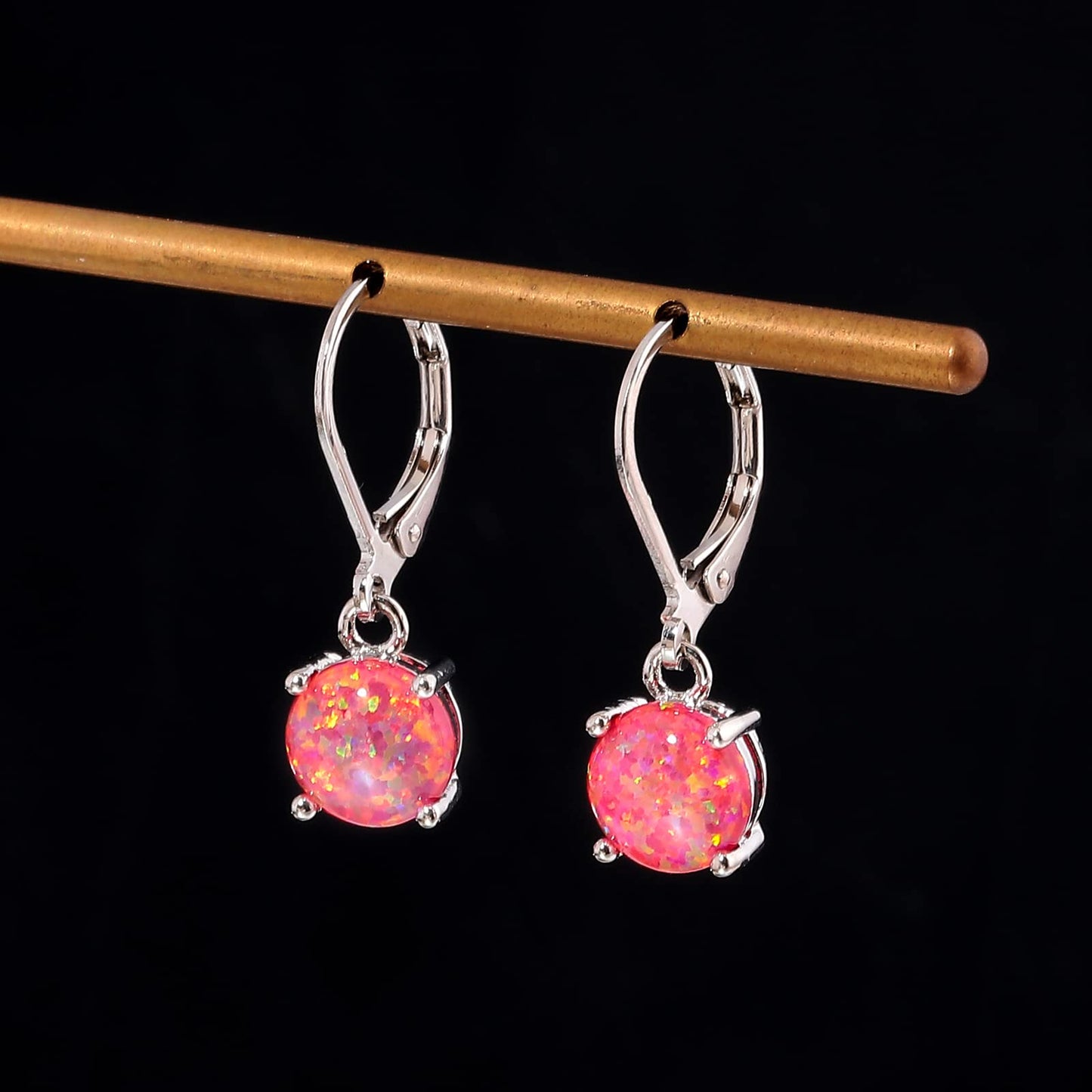 CiNily Round-Cut Opal Dangle Earrings for Women Hypoallergenic Rose Red Fire Opal Rhodium Plated Leverback Gemstone Drop Earrings Jewelry