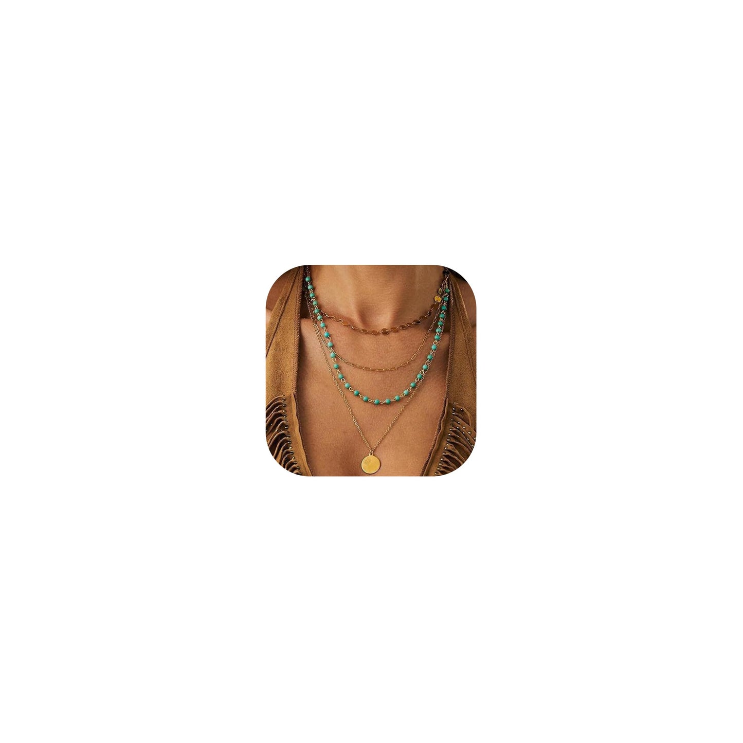 Hclian Layered Gold Necklaces for Women 14K Gold Plated Beaded Turquoise Choker Coin Pendant Necklace Handmade Country Concert Everyday Western Jewelry Gifts