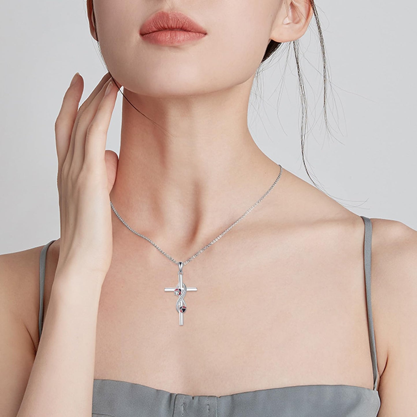 POPLYKE Cross Ladybug Necklace 925 Sterling Cross Pendant Necklace Ladybug Jewelry for Women