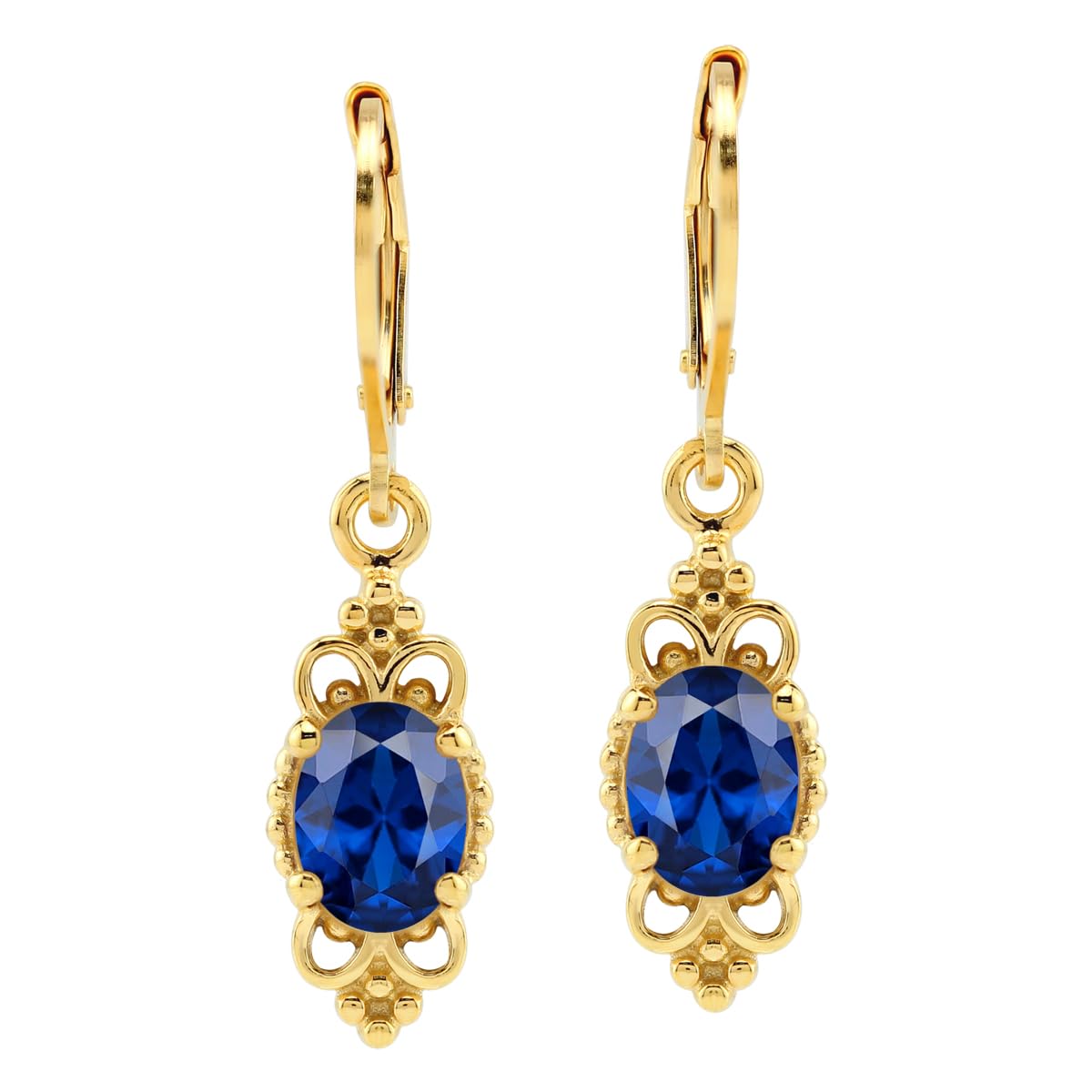 Silvershake 8X6mm Created Oval Shape Blue Sapphire 14K Yellow Gold Plated 925 Sterling Silver Balinese Style Leverback Dangle Earrings September Gemstone Birthstone Jewelry for Women