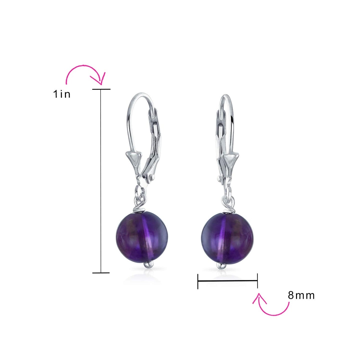 Bling Jewelry Timeless .925 Sterling Silver Purple Amethyst Bead 8mm Ball Drop Earrings Lever Back Genuine Gemstone February Birthstone