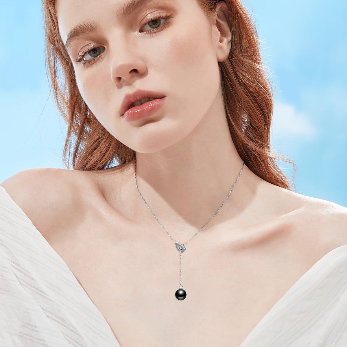 Black Pearl Necklace for Women 9-10mm Tahitian Single Pearl Y-Shaped 18k White Gold Plated Silver 18+2 Inches Adjustable