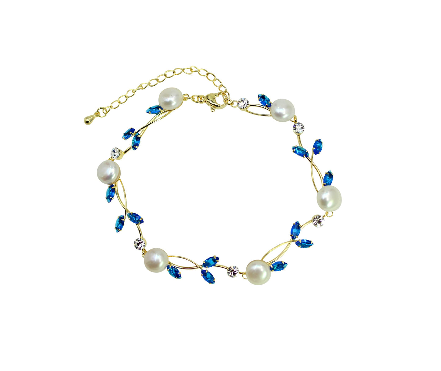 Faship Blue CZ Crystal Genuine Freshwater Pearls Floral Bracelet 7.5" - 9.5" - Blue/Gold Plated/Matching Bracelet