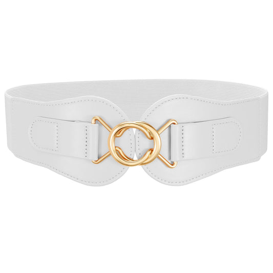 Womens Wide Waist Belt for Dresses High-Resilience Stretchy Woven Elastic Belt with Anti-Scratch Gold-Tone Interlocking Buckle for Office Date Modern Outfits